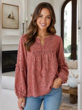 Easel Women's Dusty Rose Floral Lace Peasant Top sz S